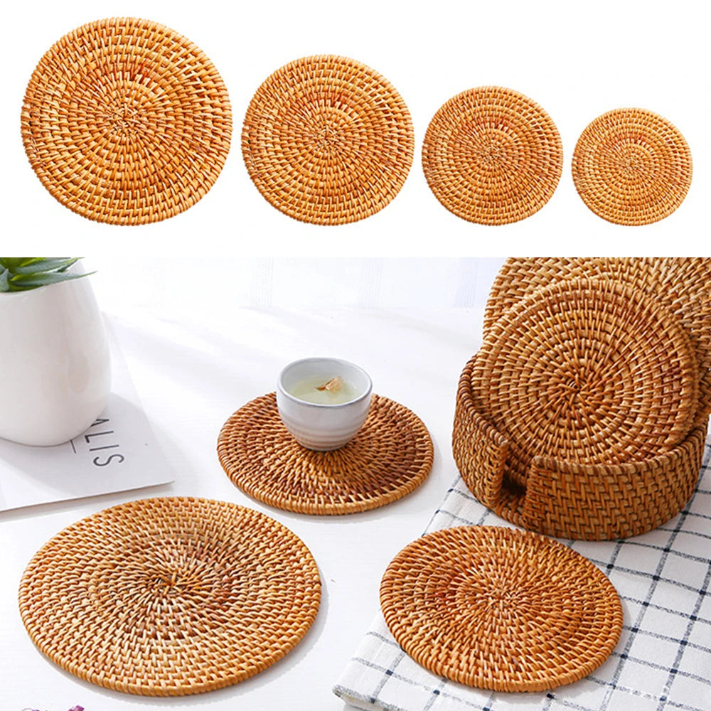 Natural Rattan Coaster Handwoven Boho Table Decor Home Accessories