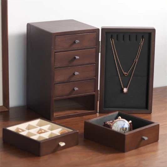 Multi-Layer Wooden Jewellery Box Organiser Velvet Interior Ring Bracelet Storage