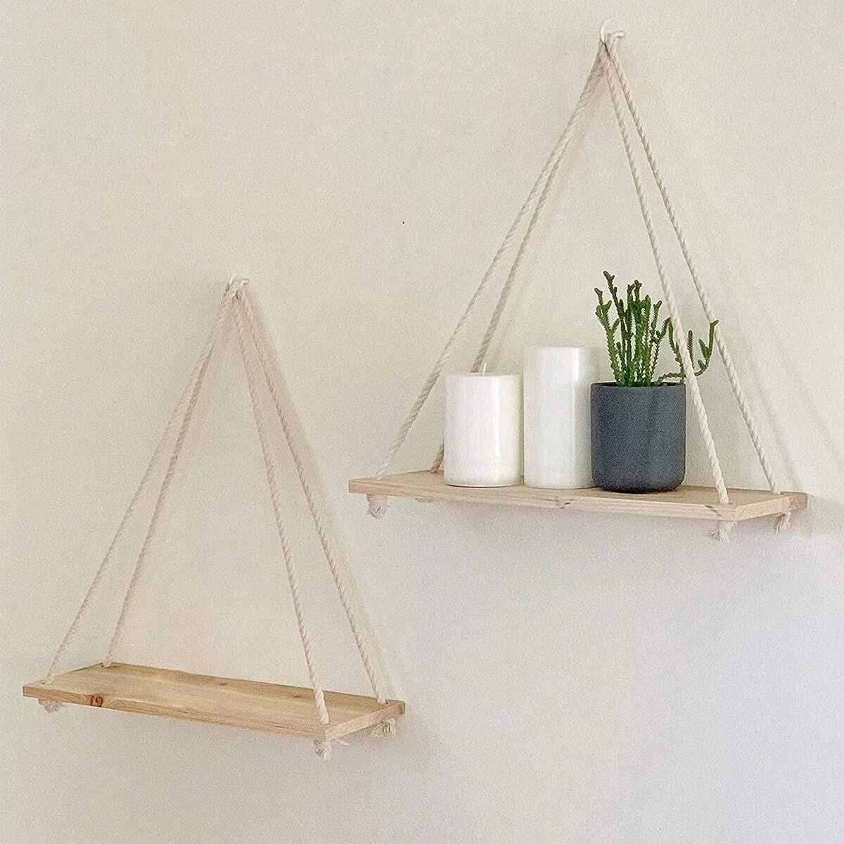 Wooden Hanging Wall Shelf with Hemp Rope Floating Plant Display Home Decor