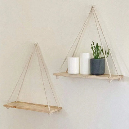 Wooden Hanging Wall Shelf with Hemp Rope Floating Plant Display Home Decor