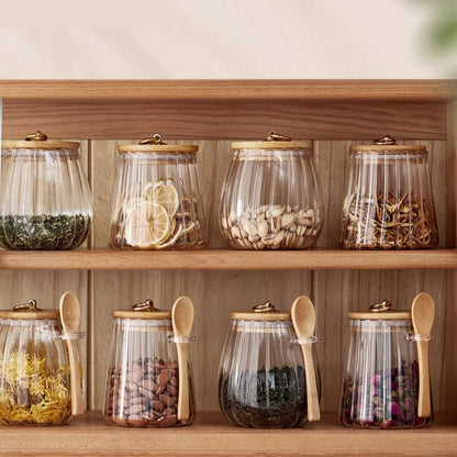 Airtight Glass Storage Jar with Wooden Lid and Bamboo Spoon Kitchen Pantry Decor
