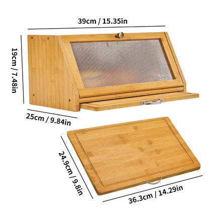 Bamboo Bread Box with Built-In Cutting Board Lid Large Kitchen Storage