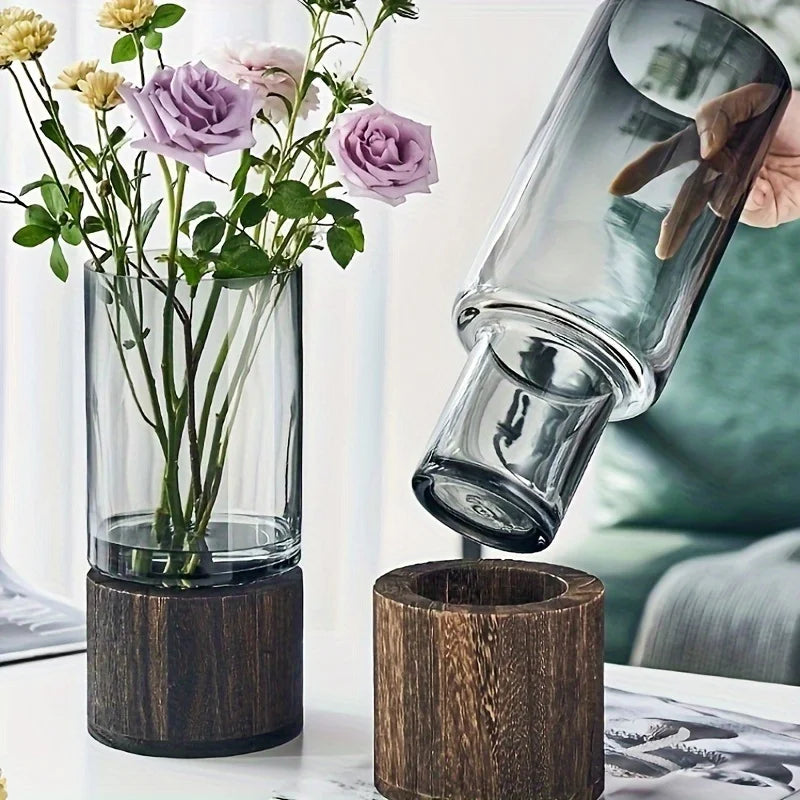 Glass Vase with Wooden Base Hydroponic Flower Vase Modern Home Decor