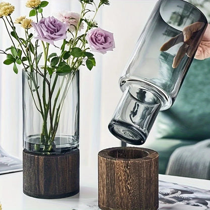 Glass Vase with Wooden Base Hydroponic Flower Vase Modern Home Decor