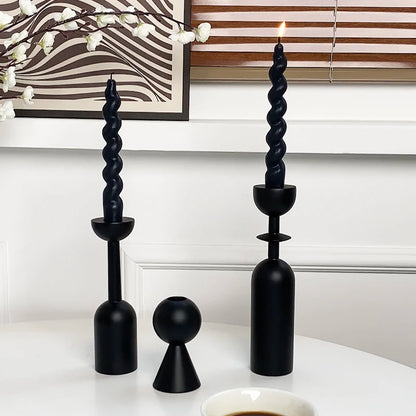 Black Wooden Taper Candle Holder Set Retro French Style Home Decor
