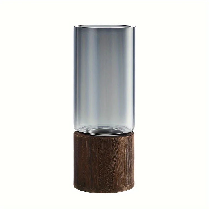 Glass Vase with Wooden Base Hydroponic Flower Vase Modern Home Decor