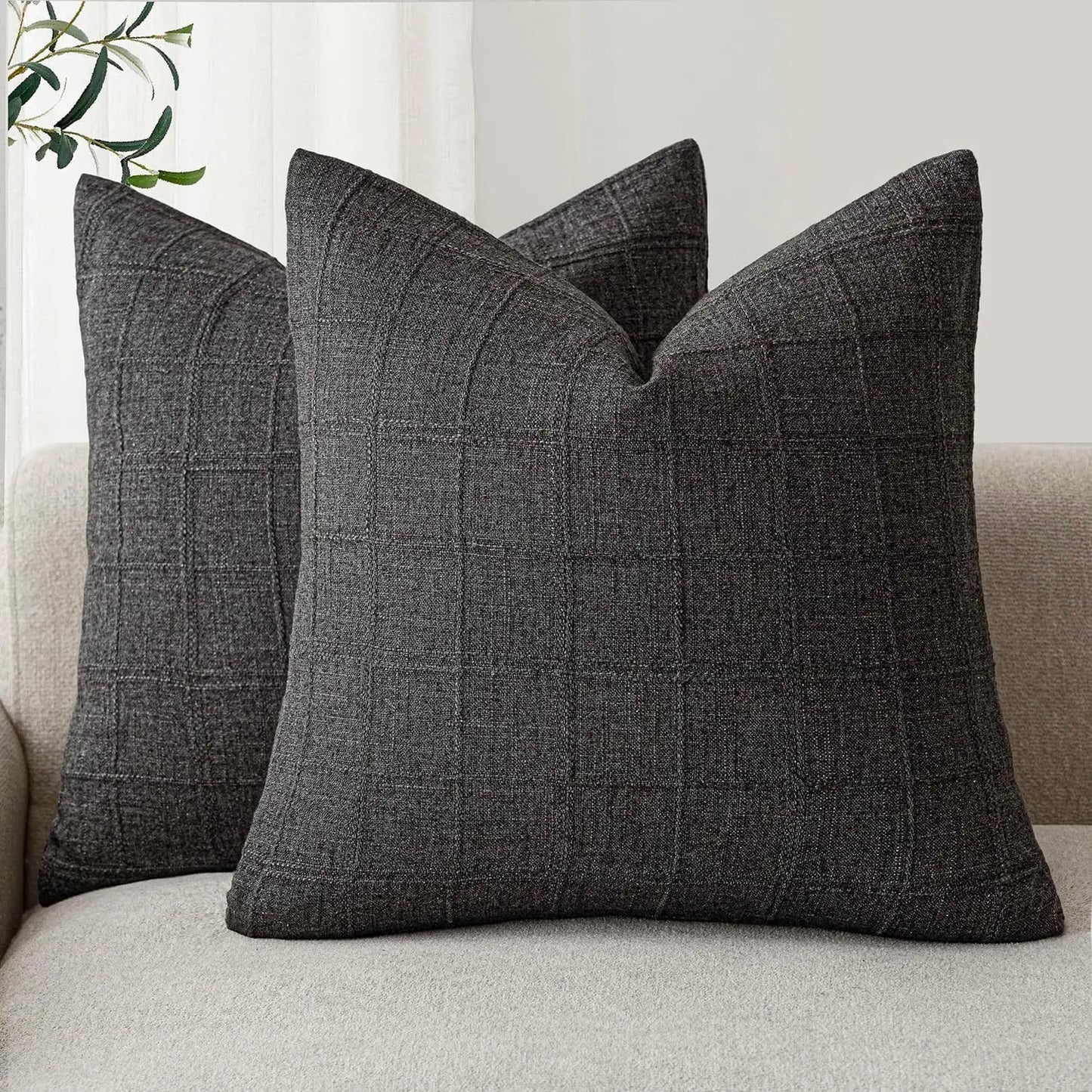 Boho Linen Check Throw Pillow Cover Neutral Sofa Cushion Cover