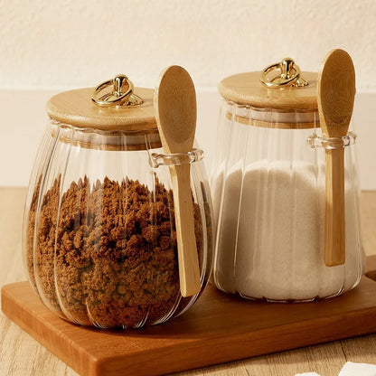 Airtight Glass Storage Jar with Wooden Lid and Bamboo Spoon Kitchen Pantry Decor