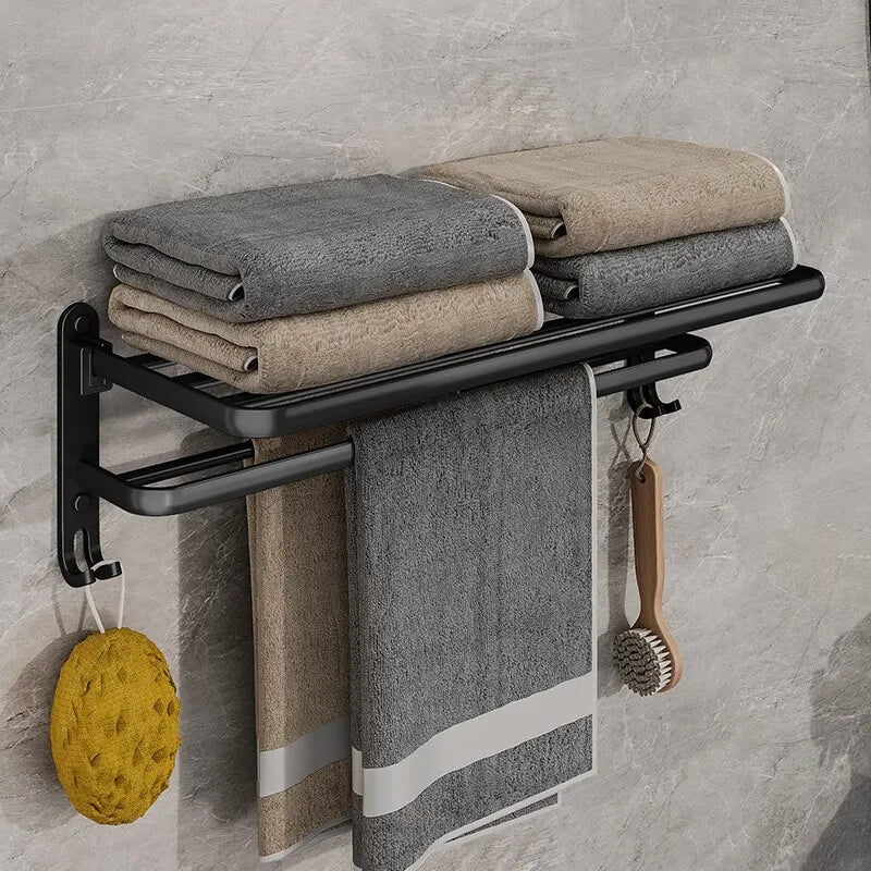 Matte Black Folding Towel Rack Wall Mounted Aluminium Bathroom Decor