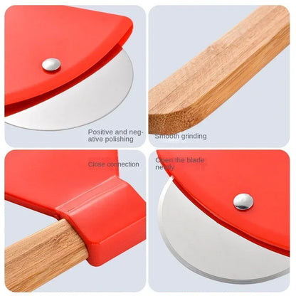 Stainless Steel Pizza Cutter Bamboo Handle Rotating Blade Kitchen Decor