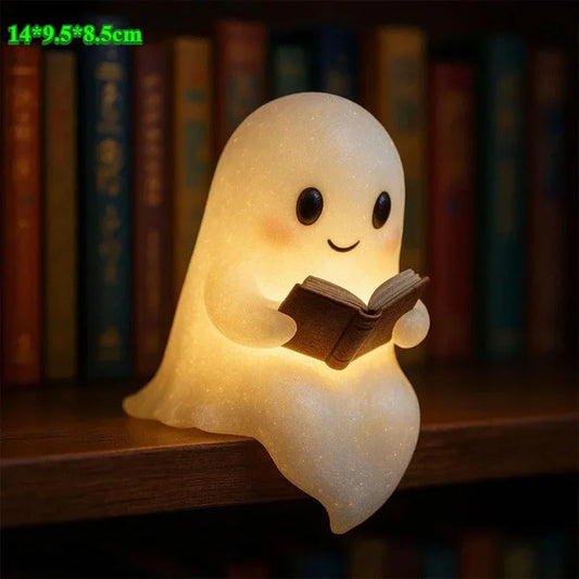 Ghost Reading Book Lamp Cute Resin Halloween Night Light Ornament