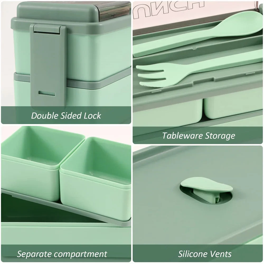 1400ml Double Layer Bento Box with Fork and Spoon Microwave Safe Portable Lunch Box