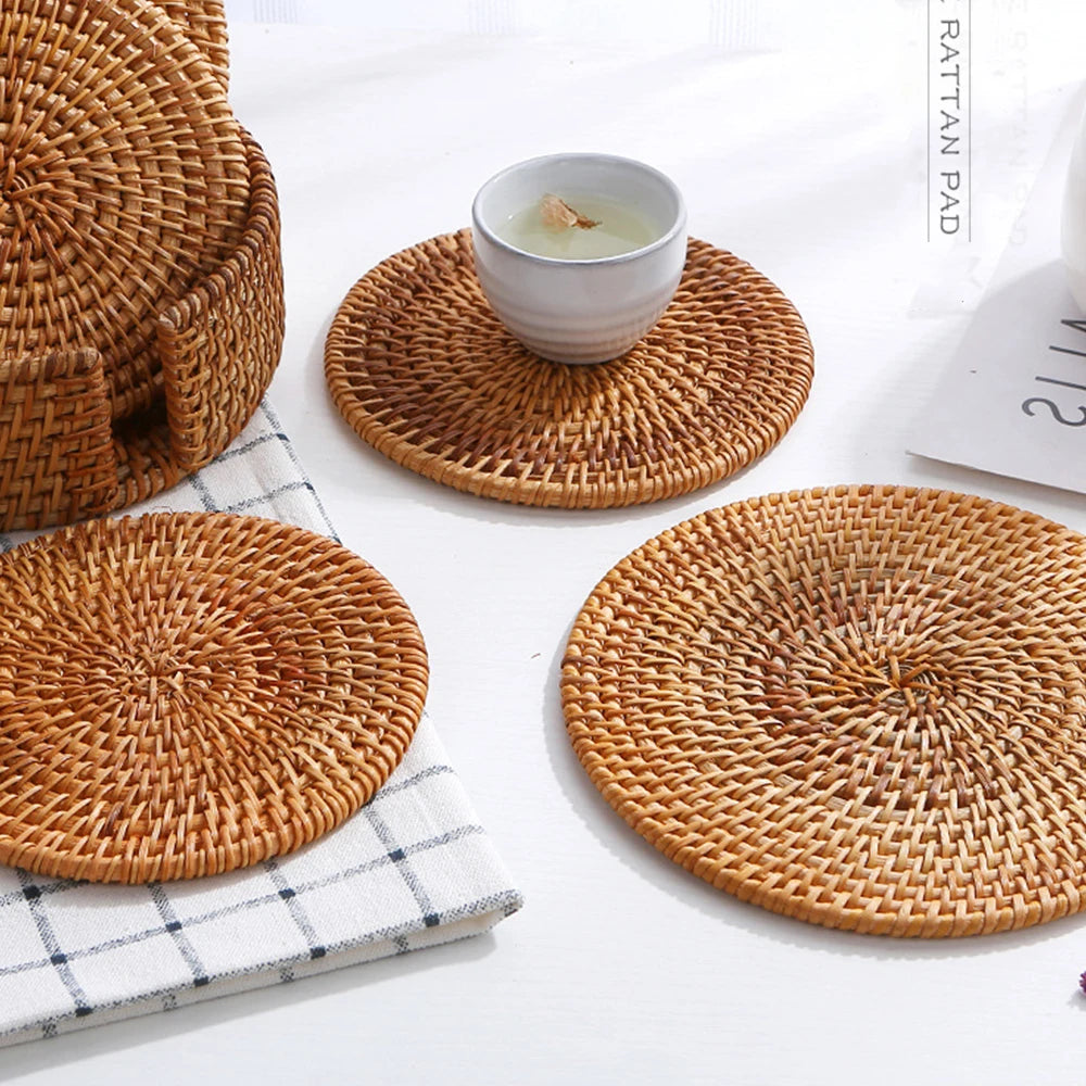 Natural Rattan Coaster Handwoven Boho Table Decor Home Accessories