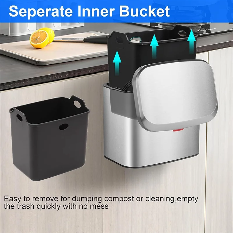 Wall-Mounted Stainless Steel Compost Bin with Lid 4L Kitchen Cabinet Door