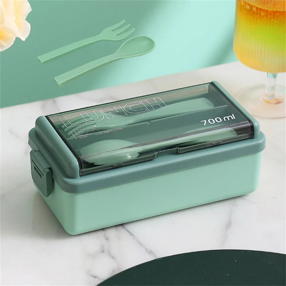 1400ml Double Layer Bento Box with Fork and Spoon Microwave Safe Portable Lunch Box