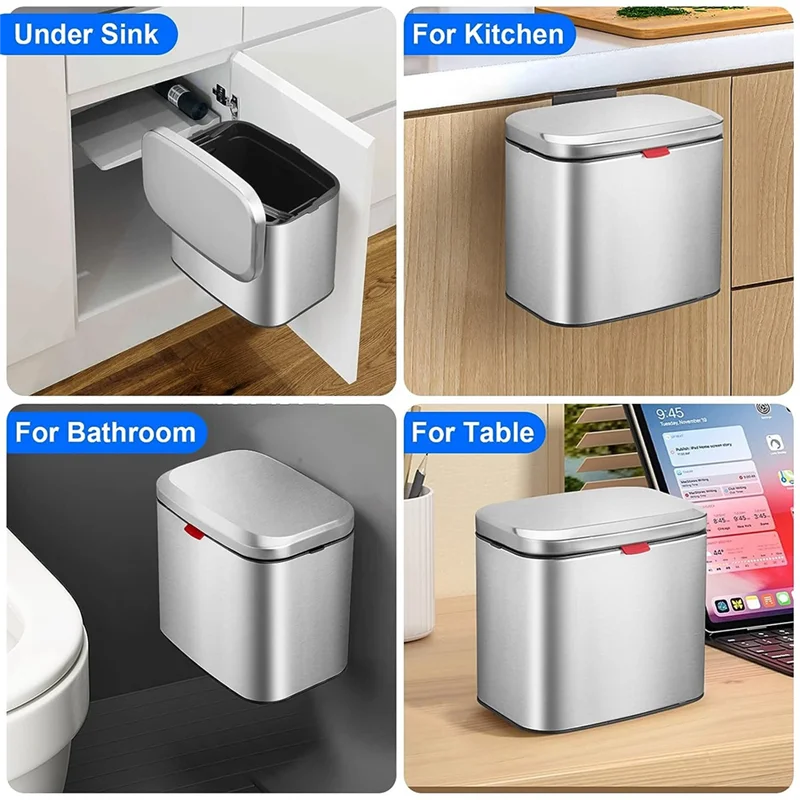 Wall-Mounted Stainless Steel Compost Bin with Lid 4L Kitchen Cabinet Door