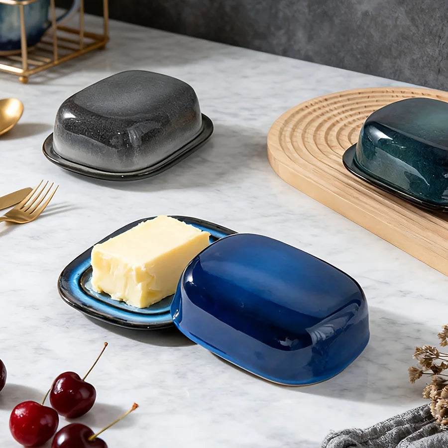 Retro Glazed Ceramic Butter Dish with Lid Countertop Kitchen Decor