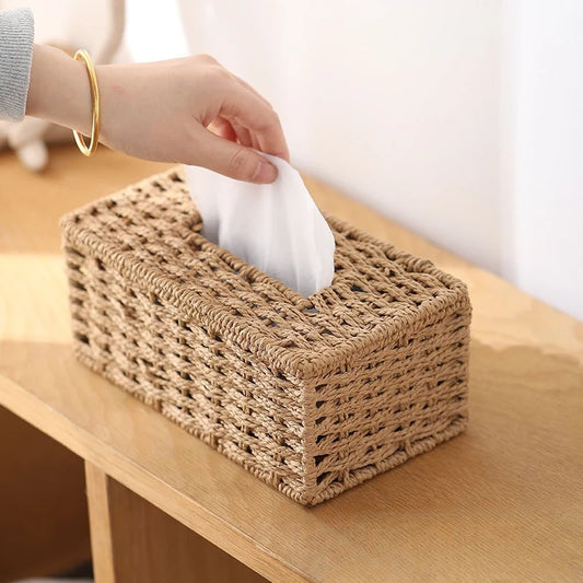 Woven Rattan Tissue Box Cover Natural Boho Storage Home Decor