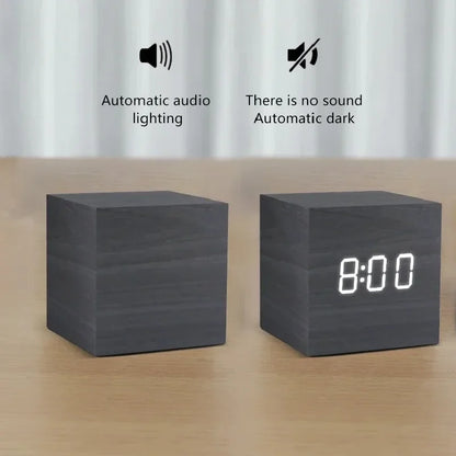 Wooden LED Digital Alarm Clock Temperature Display USB Powered Bedside Home Decor