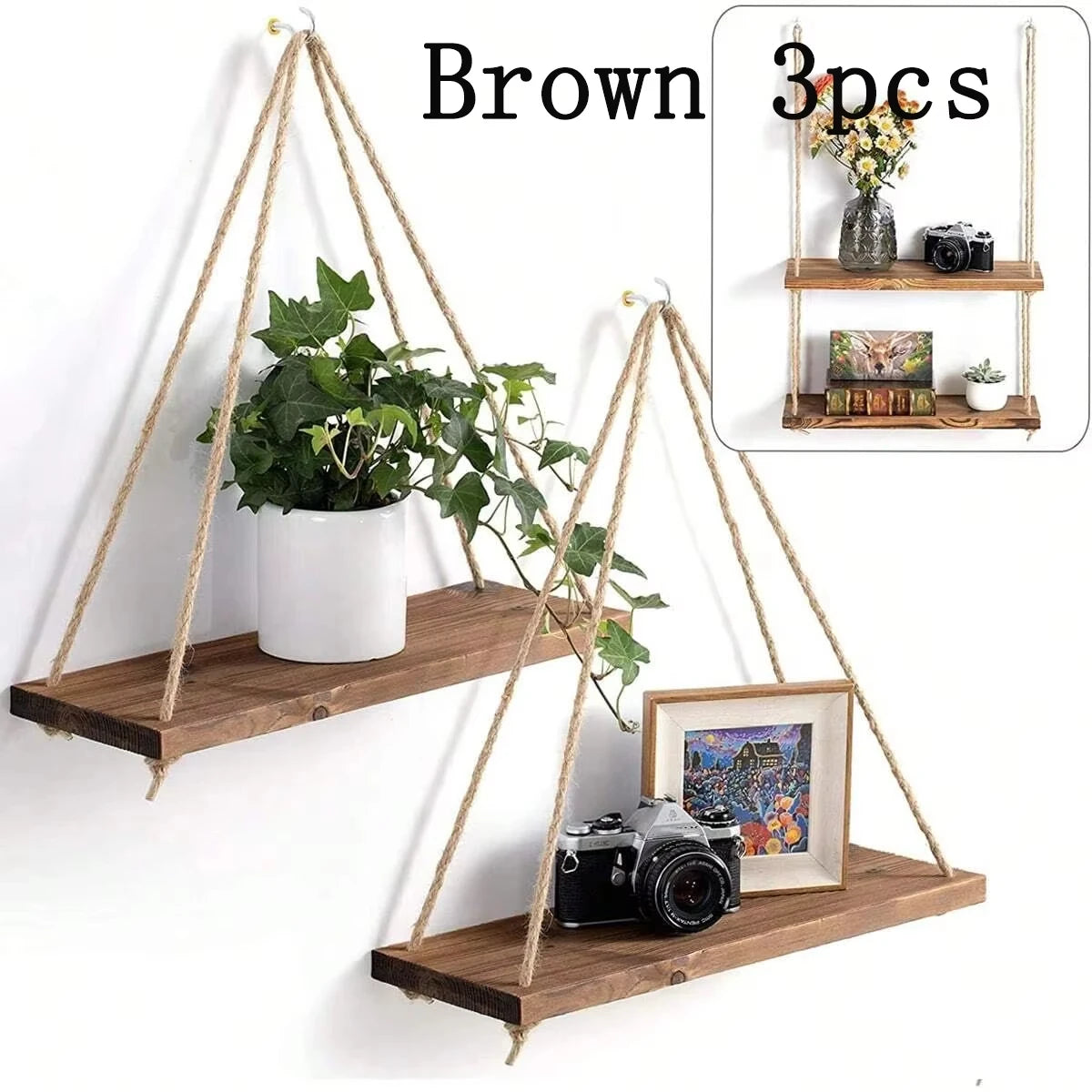 Wooden Hanging Wall Shelf with Hemp Rope Floating Plant Display Home Decor