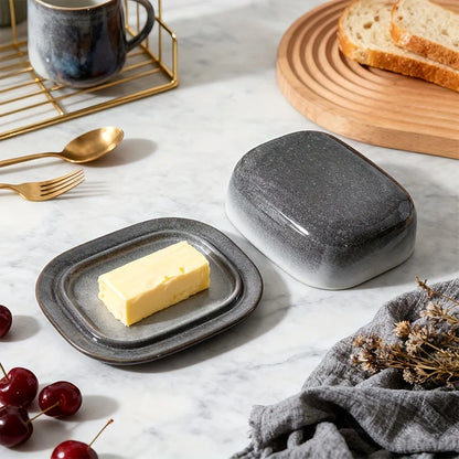 Retro Glazed Ceramic Butter Dish with Lid Countertop Kitchen Decor