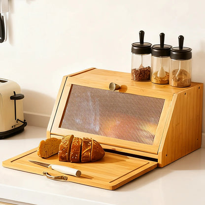 Bamboo Bread Box with Built-In Cutting Board Lid Large Kitchen Storage