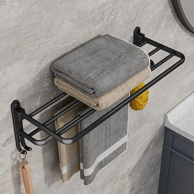 Matte Black Folding Towel Rack Wall Mounted Aluminium Bathroom Decor