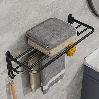 Matte Black Folding Towel Rack Wall Mounted Aluminium Bathroom Decor