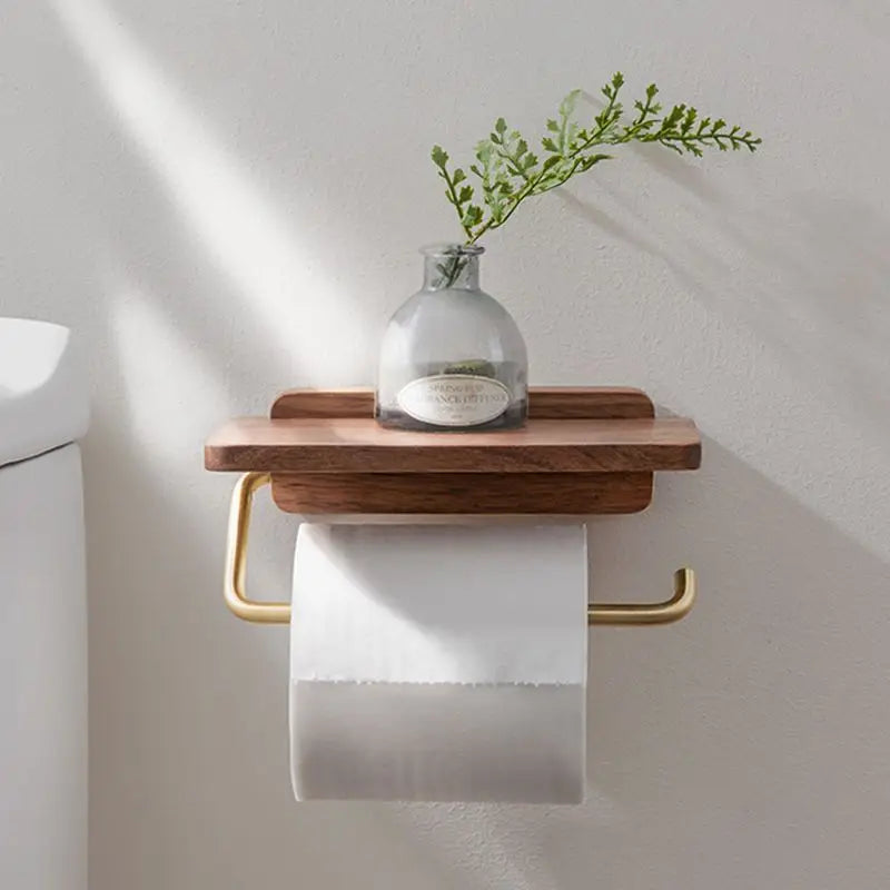 Walnut Wood Toilet Roll Holder Wall Mounted Bathroom Decor