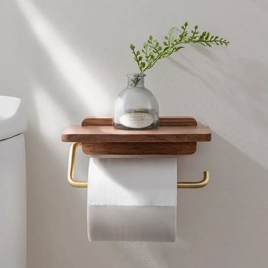 Walnut Wood Toilet Roll Holder Wall Mounted Bathroom Decor