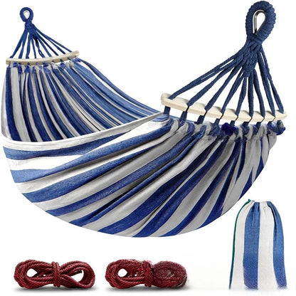 Double Canvas Hammock with Curved Wooden Poles Anti-Roll Outdoor Swing Bed