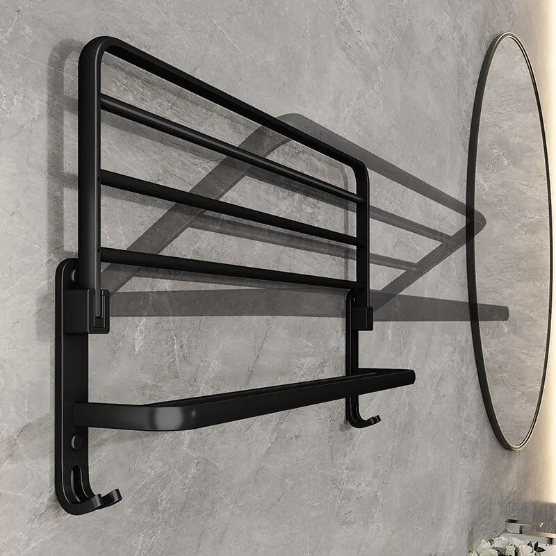Matte Black Folding Towel Rack Wall Mounted Aluminium Bathroom Decor