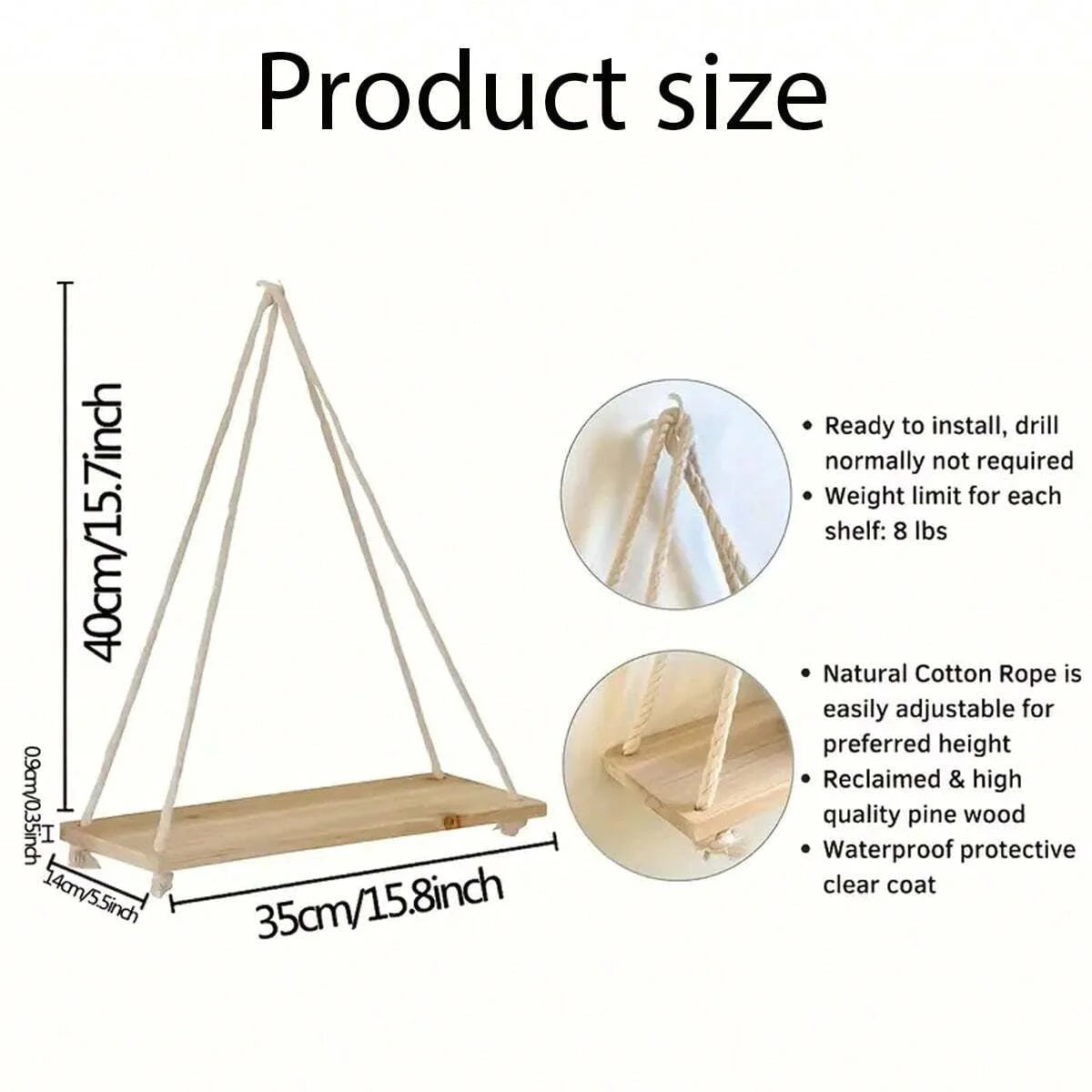 Wooden Hanging Wall Shelf with Hemp Rope Floating Plant Display Home Decor