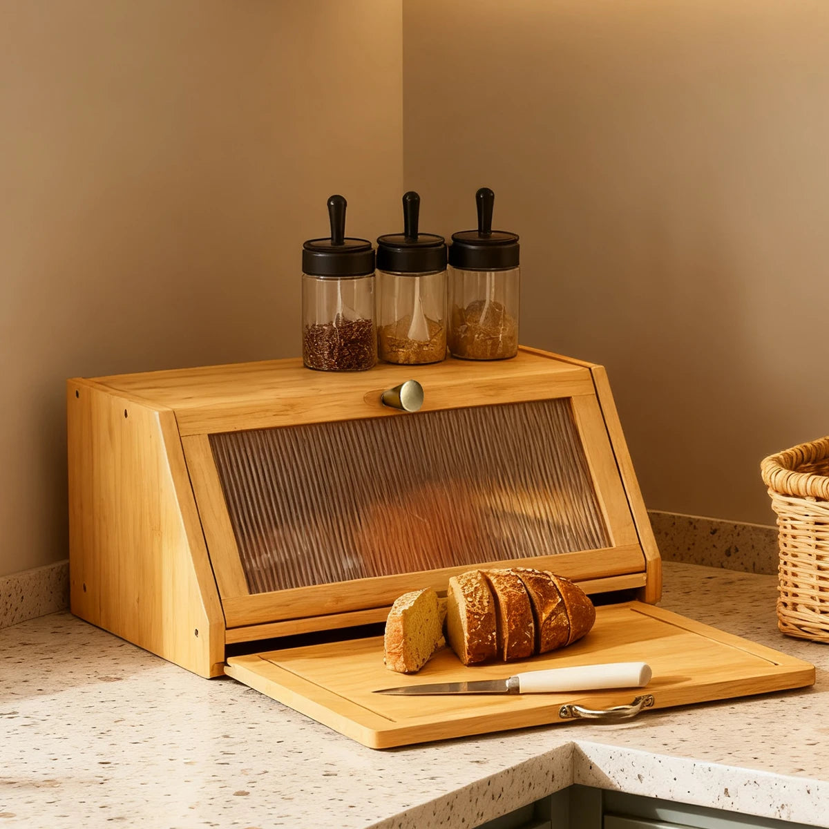 Bamboo Bread Box with Built-In Cutting Board Lid Large Kitchen Storage