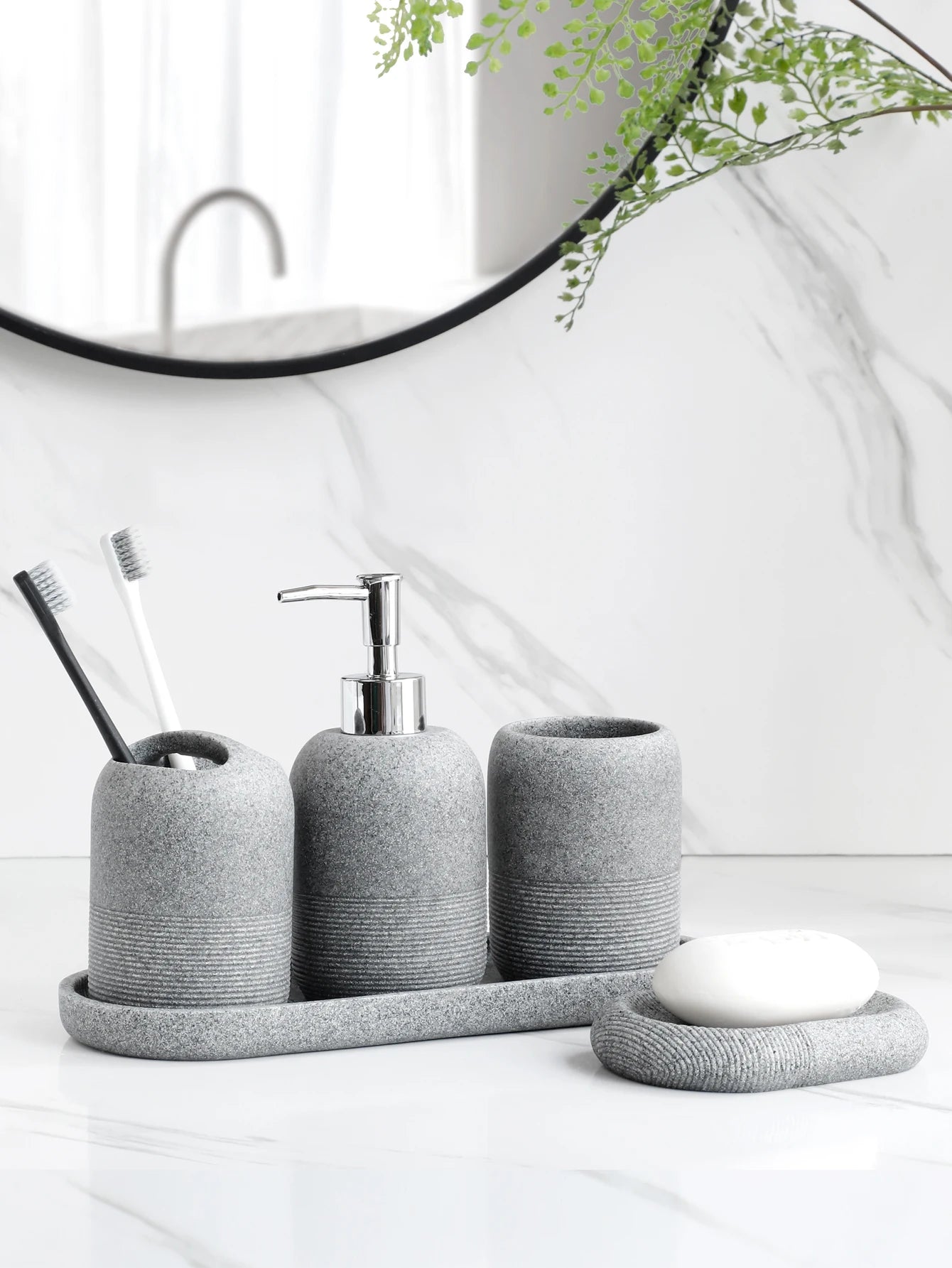 5-Piece Bathroom Accessories Set Lotion Dispenser Toothbrush Holder Tray Decor