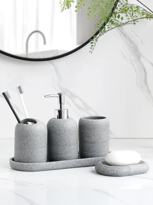 5-Piece Bathroom Accessories Set Lotion Dispenser Toothbrush Holder Tray Decor
