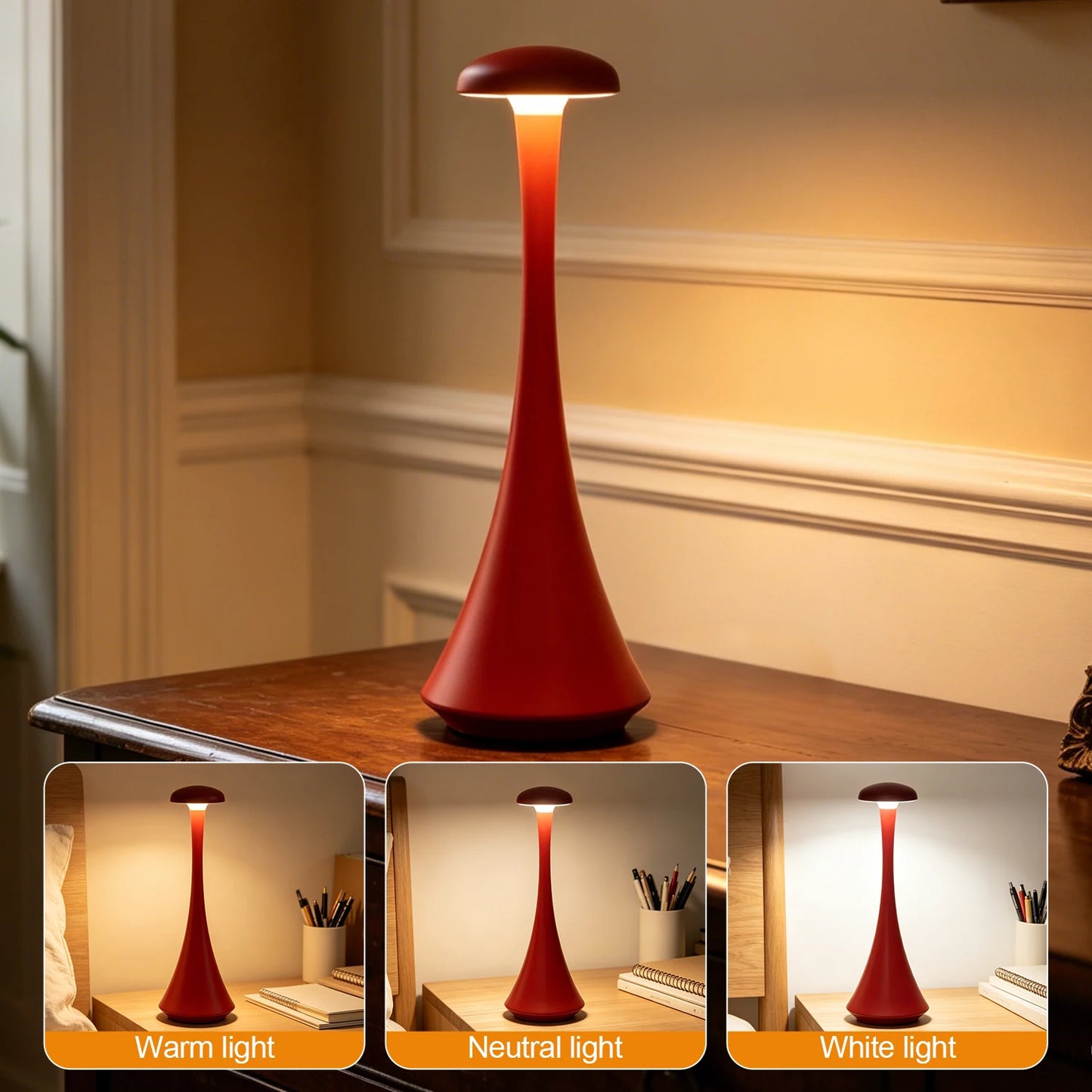 Mushroom Touch Table Lamp Rechargeable USB-C Wireless Cordless Home Decor
