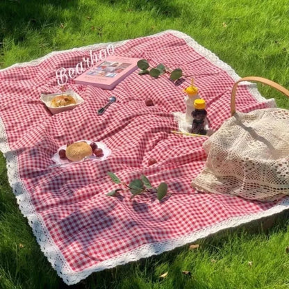Red Check Canvas Picnic Blanket Waterproof Outdoor Beach Mat Home Decor