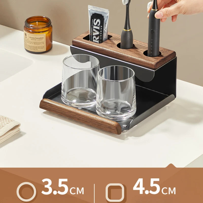 Walnut Wood Bathroom Organiser Toothbrush Holder Vanity Counter Decor