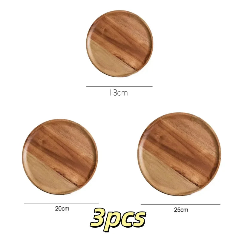 Acacia Wood Round Stackable Serving Tray Snack Plate Home Decor