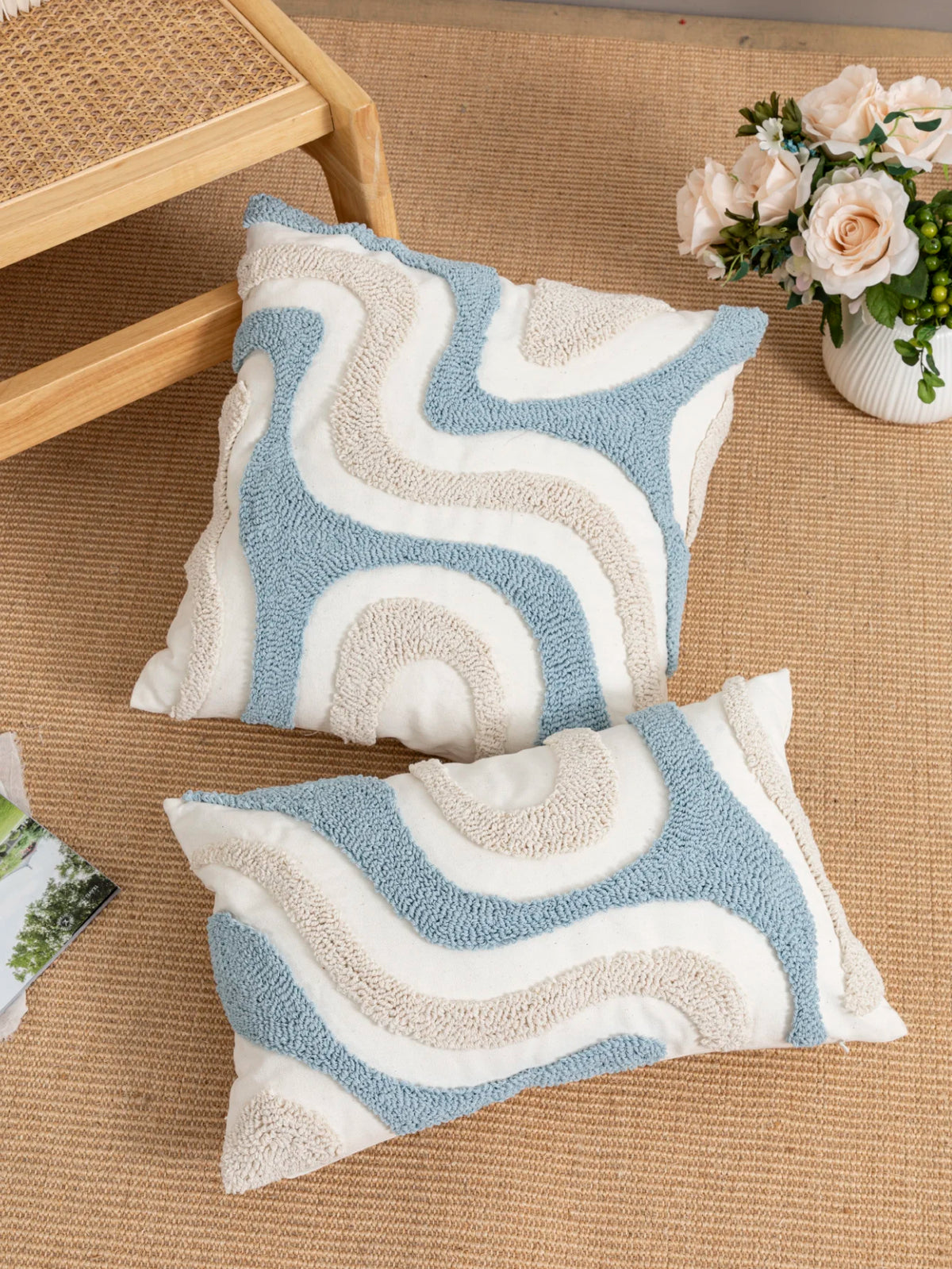 Boho Velvet Tufted Cushion Cover Geometric Blue White Living Room Decor Ideas