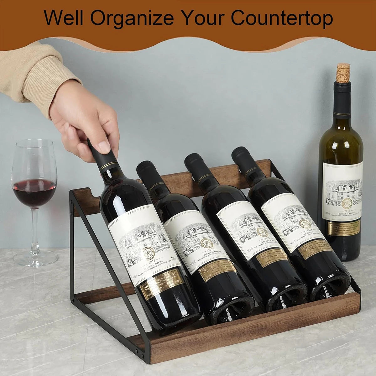 Slanted Desktop Wine Rack Wooden Iron Frame Bottle Storage Home Decor