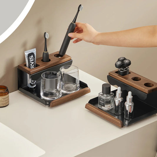 Walnut Wood Bathroom Organiser Toothbrush Holder Vanity Counter Decor