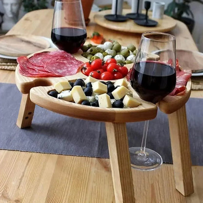 Wooden Folding Picnic Table Portable Wine Rack Snack Tray Storage