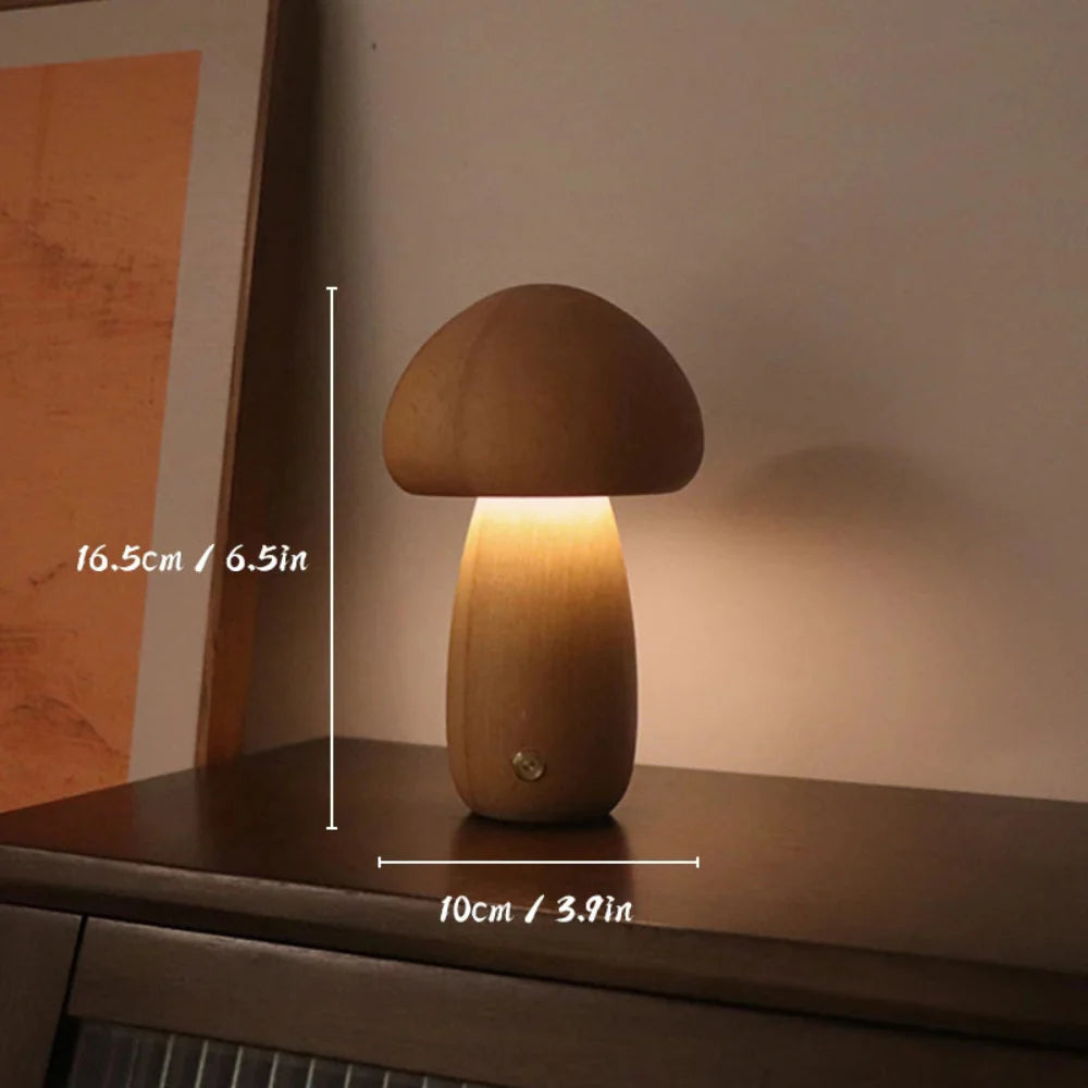 Natural Wood Mushroom Lamp Touch Dimmer Warm LED Bedside Decor