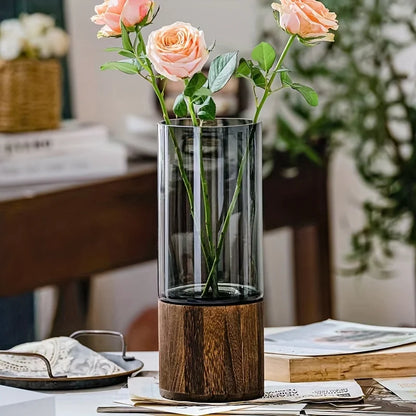 Glass Vase with Wooden Base Hydroponic Flower Vase Modern Home Decor