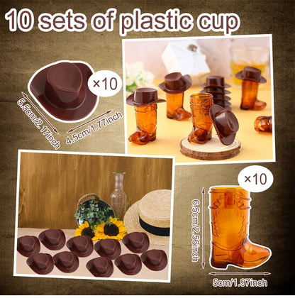 Cowboy Boot Shot Glass Set with Mini Hats Home Bar Party Glassware