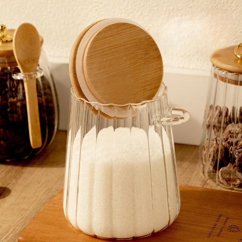 Airtight Glass Storage Jar with Wooden Lid and Bamboo Spoon Kitchen Pantry Decor