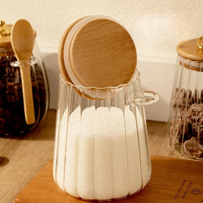 Airtight Glass Storage Jar with Wooden Lid and Bamboo Spoon Kitchen Pantry Decor