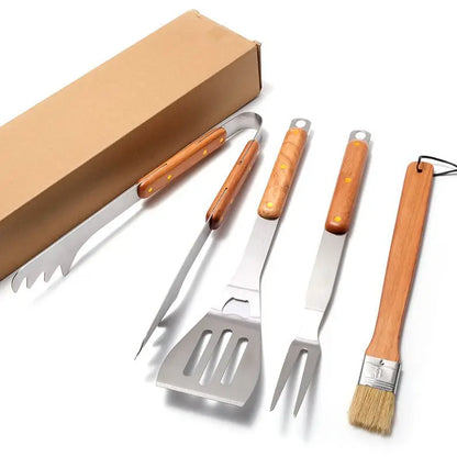 4-Piece Stainless Steel BBQ Tool Set with Wooden Handles Outdoor Grilling Kit